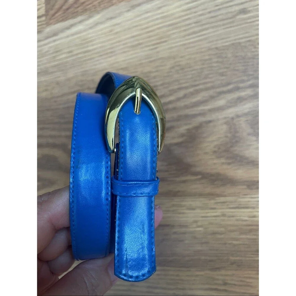 R.O.C Women's Blue Skinny Belt Genuine Leather Size M/L Brass Buckle